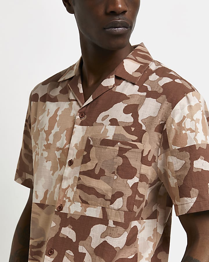 Brown regular fit camo print patchwork shirt