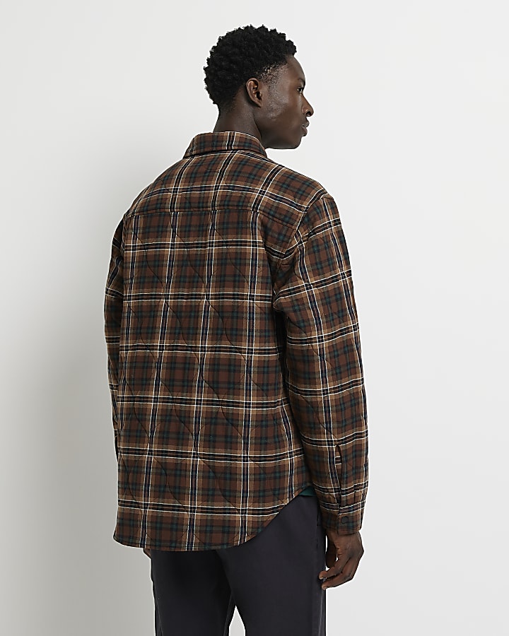 Brown Regular fit Check Quilted Shacket | River Island