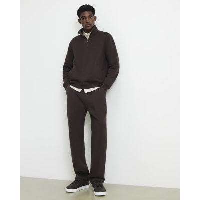 Brown Regular Fit Cotton Half Zip Sweatshirt