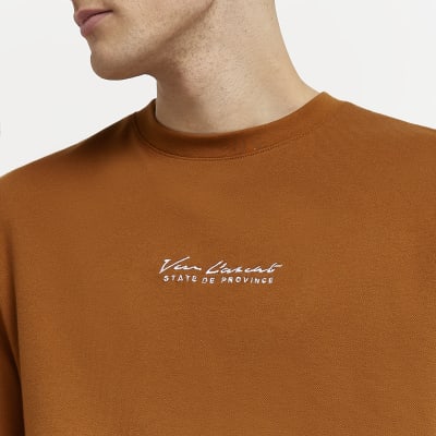Brown regular fit embroidered pique t-shirt