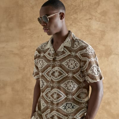 Brown Regular Fit Eye Crochet Shirt