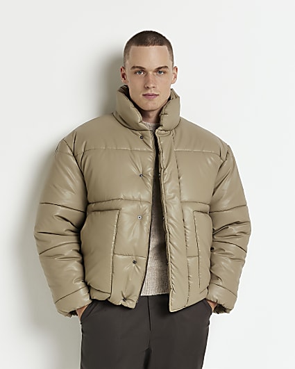 Brown regular fit faux leather puffer jacket