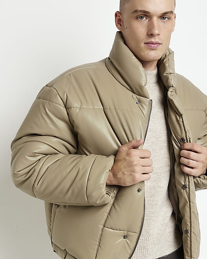 Brown regular fit faux leather puffer jacket