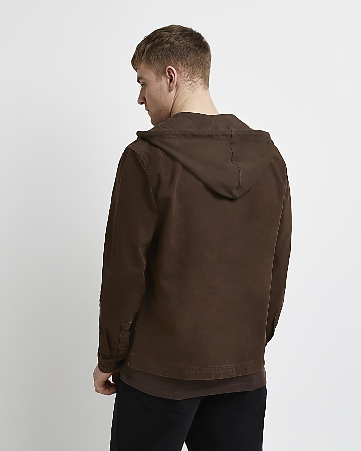 Brown regular fit hooded shacket