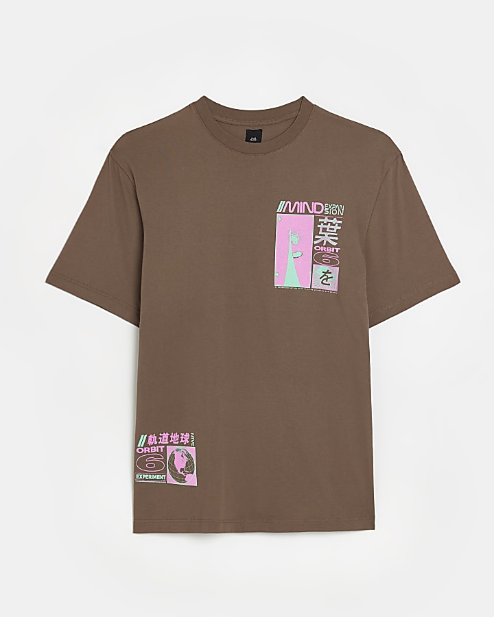 Brown regular fit Japanese print t-shirt