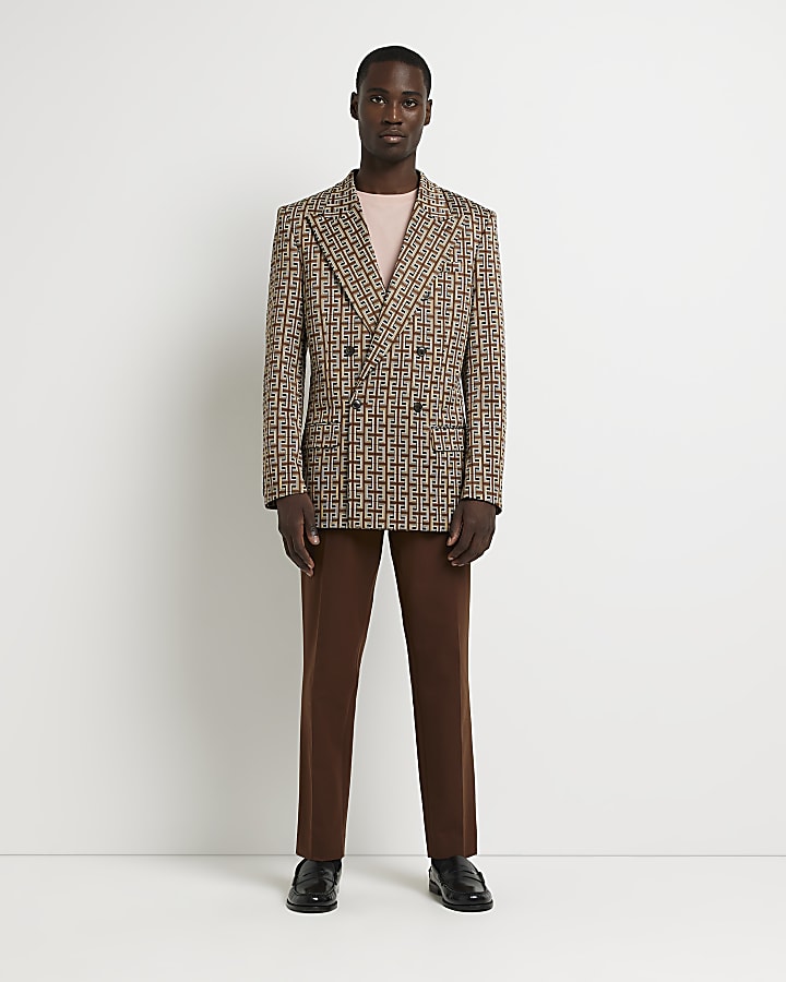 Brown Regular fit print suit jacket