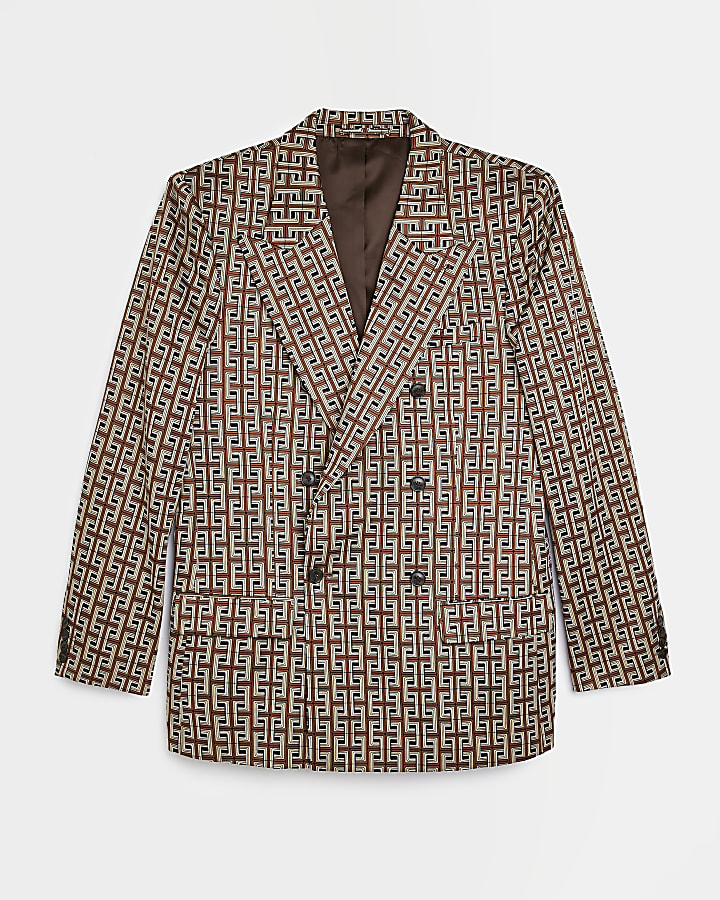 Brown Regular fit print suit jacket