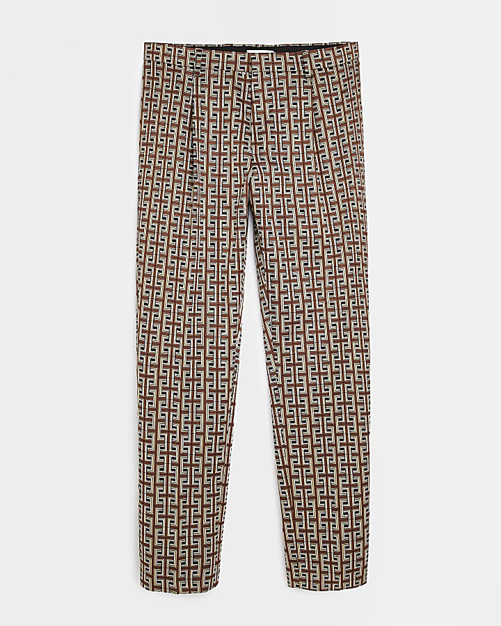 Brown regular fit print suit trousers