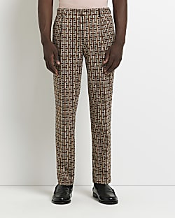 Brown regular fit print suit trousers