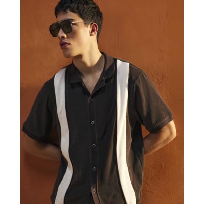 Brown Regular Fit Stripe Towelling Shirt