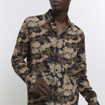 Brown regular fit textured pebble shirt