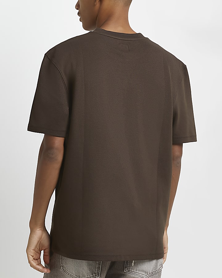 Brown regular fit twill embroidered t-shirt