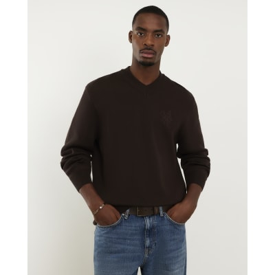 Brown Regular Fit V-neck Knit Jumper
