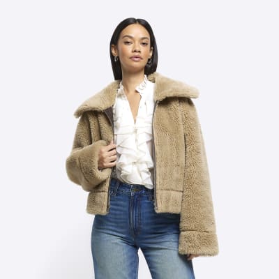 Brown reversible shearling aviator jacket | River Island