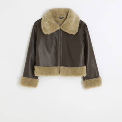 Brown reversible shearling aviator jacket | River Island