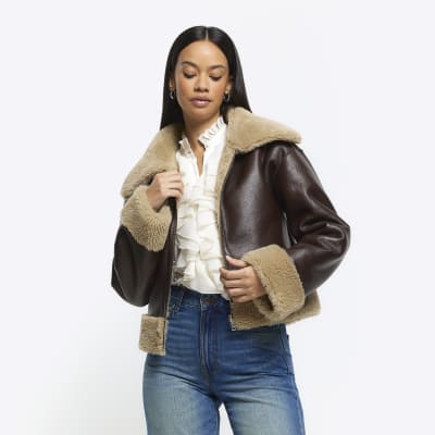 Brown reversible shearling aviator jacket | River Island