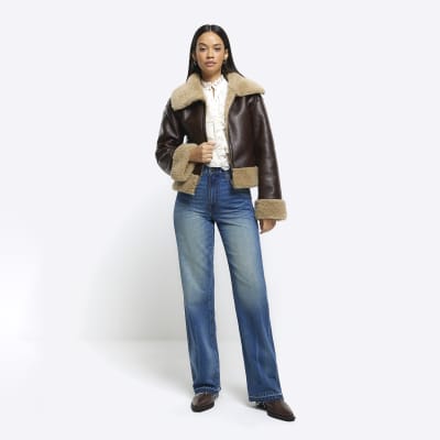 Brown reversible shearling aviator jacket | River Island