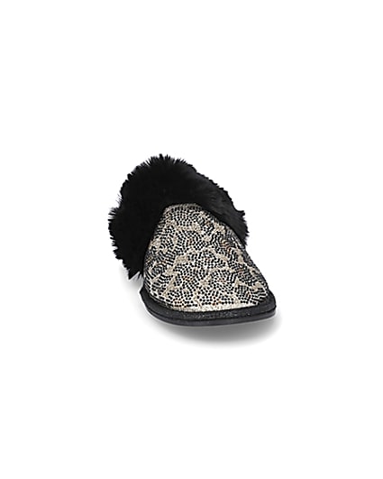 360 degree animation of product Brown RI animal print faux fur slippers frame-20