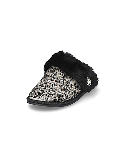 360 degree animation of product Brown RI animal print faux fur slippers frame-23