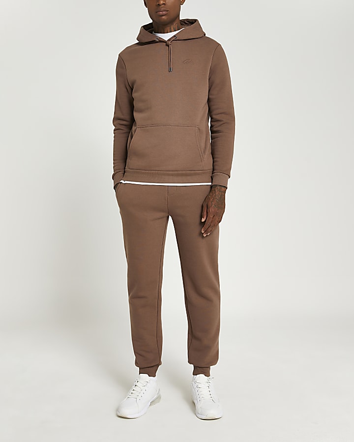 Brown RI embroidered slim fit hoodie