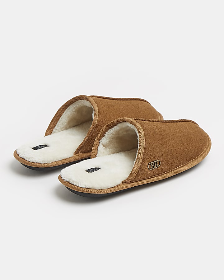 Brown RI faux fur lined mule slippers