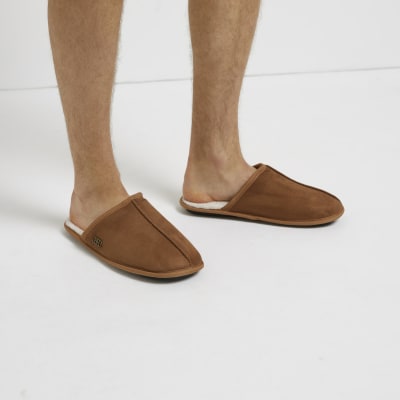 Brown RI faux fur lined mule slippers