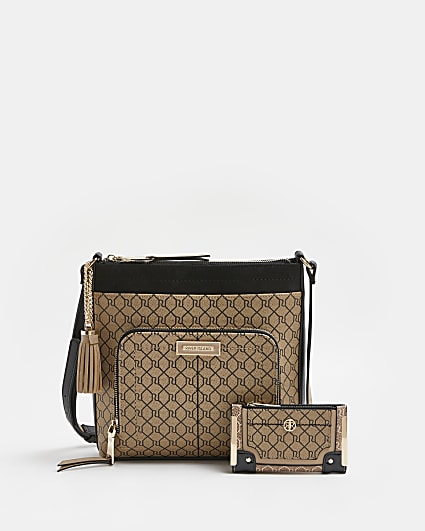 Brown RI monogram bag and purse set