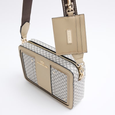 Brown RI monogram boxy cross body bag River Island