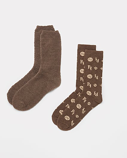 Brown RI monogram cosy socks 2 pack