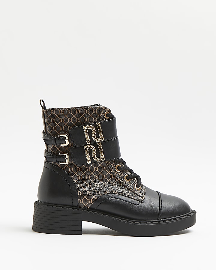 Brown RI monogram double strap boots