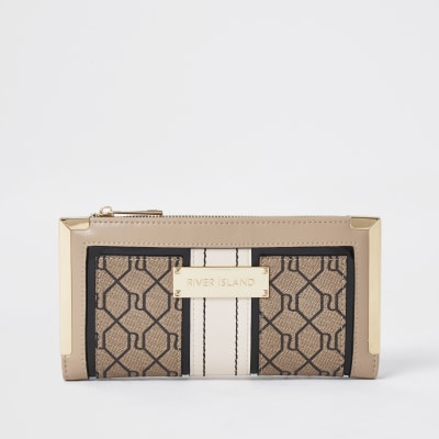 Brown RI Monogram foldout purse | River Island