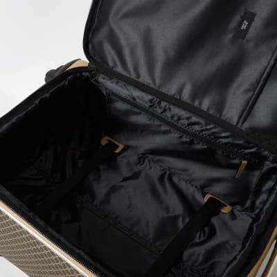 Brown RI monogram four wheel suitcase