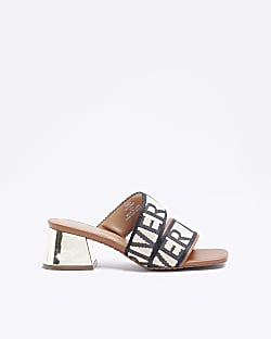 Brown RI monogram heeled sandals