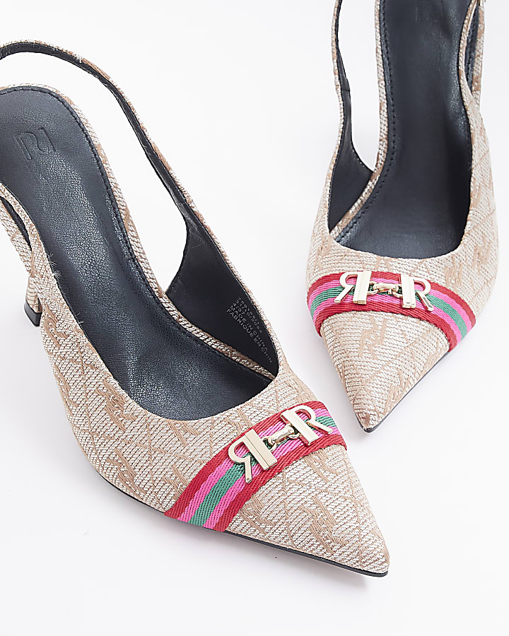 Brown RI monogram jacquard heeled court shoes