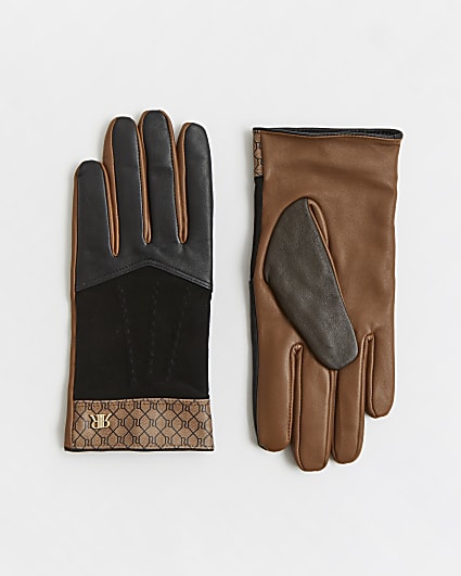 Brown RI monogram leather gloves