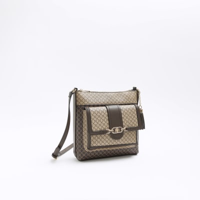 Brown RI monogram messenger bag River Island