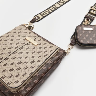 Brown RI monogram messenger bag River Island