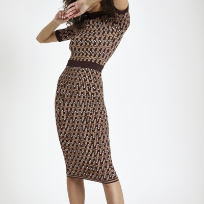 Brown RI monogram midi skirt