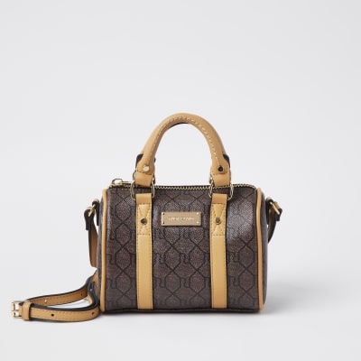 Brown RI monogram mini bowler crossbody bag River Island