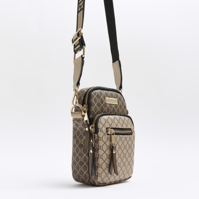 Brown RI monogram phone holder bag River Island