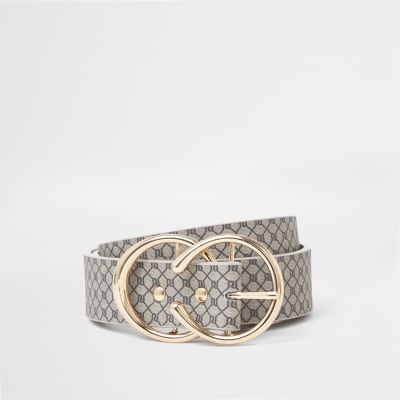 Brown RI monogram print buckle belt