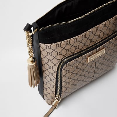 Brown RI monogram print cross body handbag