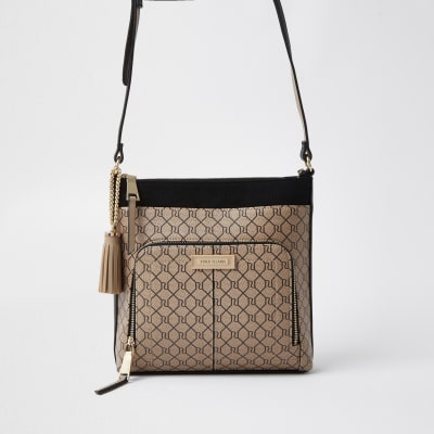 Brown RI monogram print cross body handbag