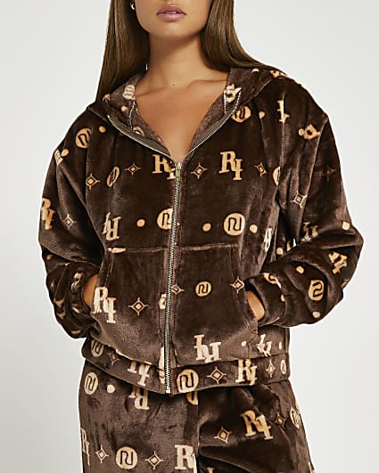 Brown RI monogram print hoodie