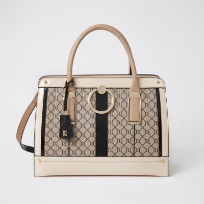 Brown RI monogram ring front tote bag | River Island