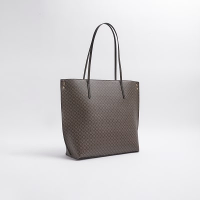 Brown RI monogram stripe shopper bag River Island