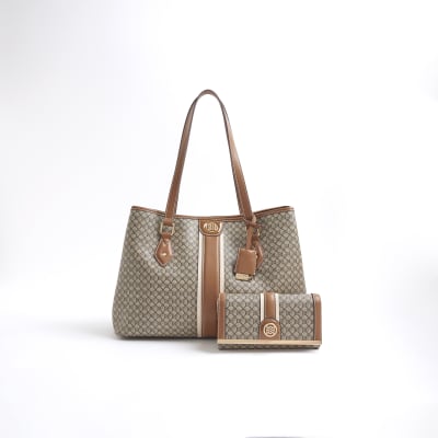 Brown RI Monogram Tote And Purse Bag Bundle