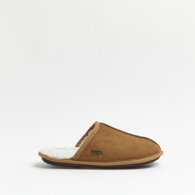 Brown RI suedette mule slippers | River Island