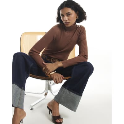 Brown Rib Knit Roll Neck Top