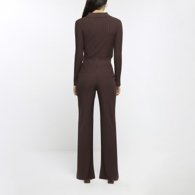 Brown rib wide leg trousers